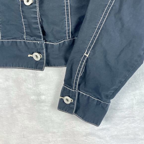 VTG Y2K Gap Cropped Denim Trucker Jacket Womens S Stretch Black White Stitch - Picture 3 of 11